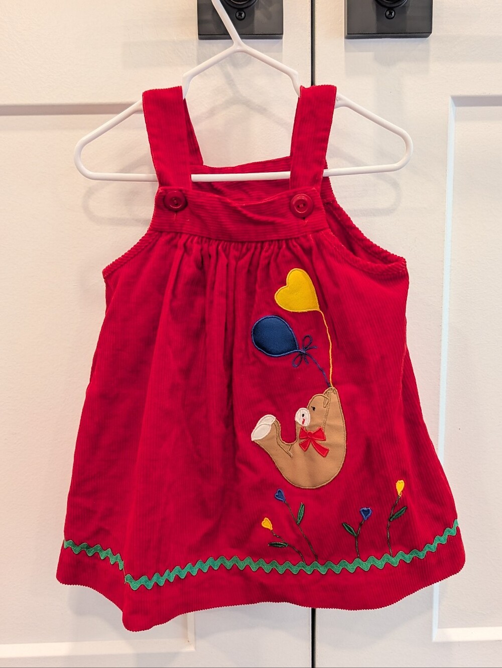 ALYSSA Vintage Girls 3t Red Corduroy Pinafore Bumper Dress Heart Bear Applique